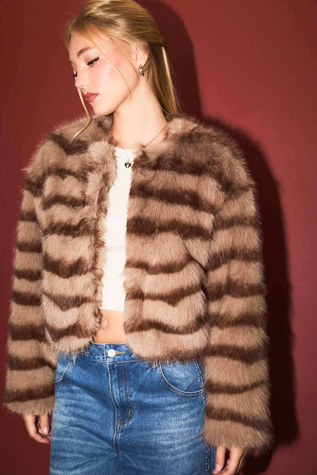 Round Neck Faux Fur Crop Coat