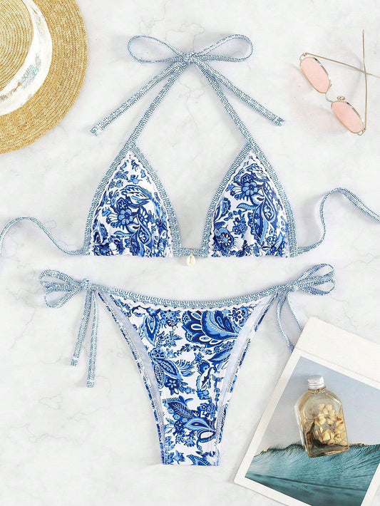 Bohemian Print Lace-Up Bikini Split Swimsuit Set