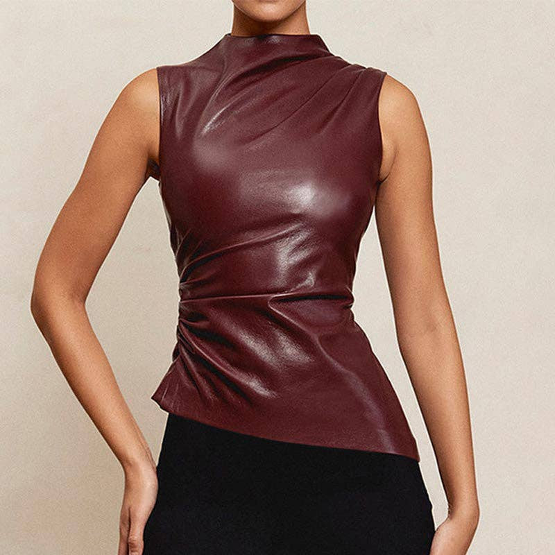 Faux Leather Ruched Sleeveless Top
