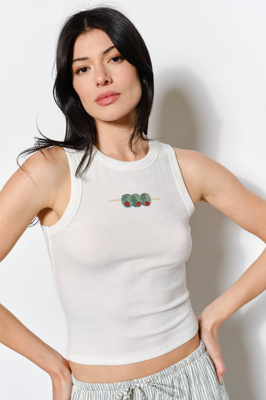 Olive Bead Embroidery Tank