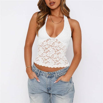 Hollow Lace Slim Fit Halter Neck Tank Top