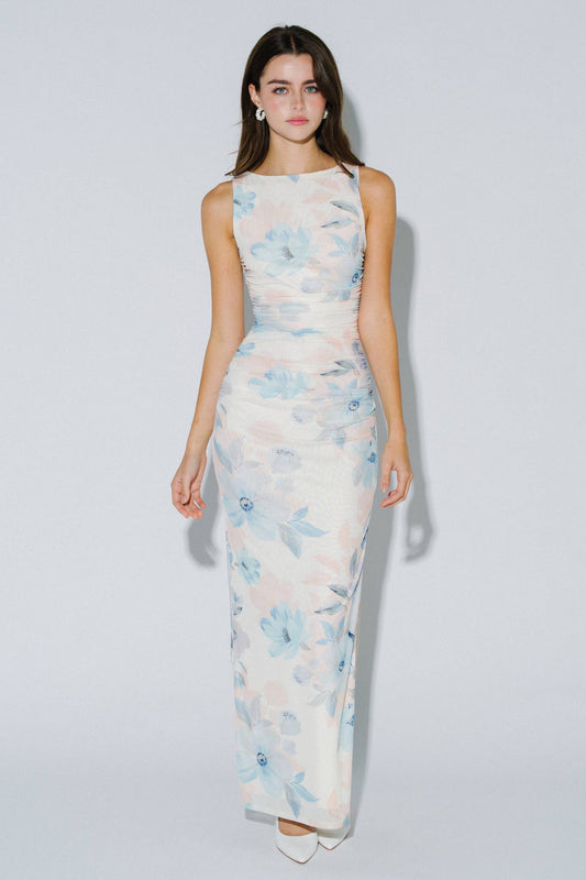 Ruched Floral Print Bodycon Maxi Dress