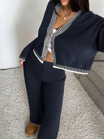 Elegant Contrast Stitch Button Cardigan Pants Set
