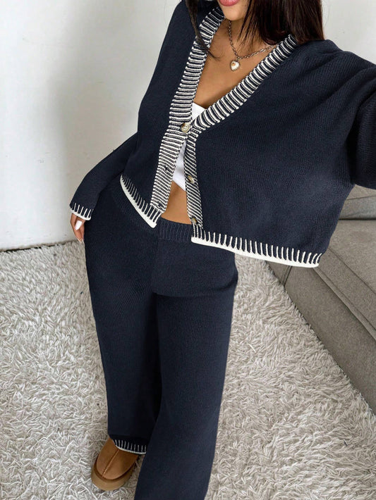 Elegant Contrast Stitch Button Cardigan Pants Set