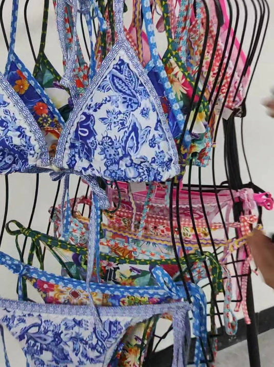 Bohemian Print Lace-Up Bikini Split Swimsuit Set