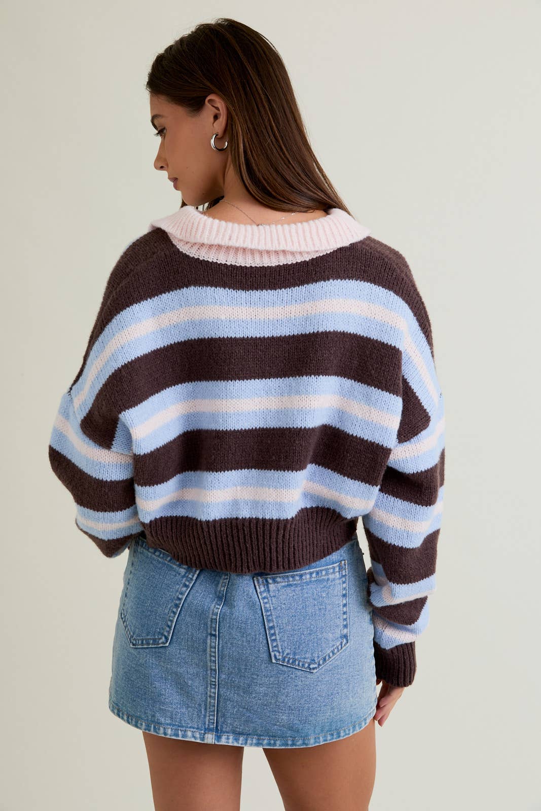 Long Sleeve Collared Stripe Crop Sweater