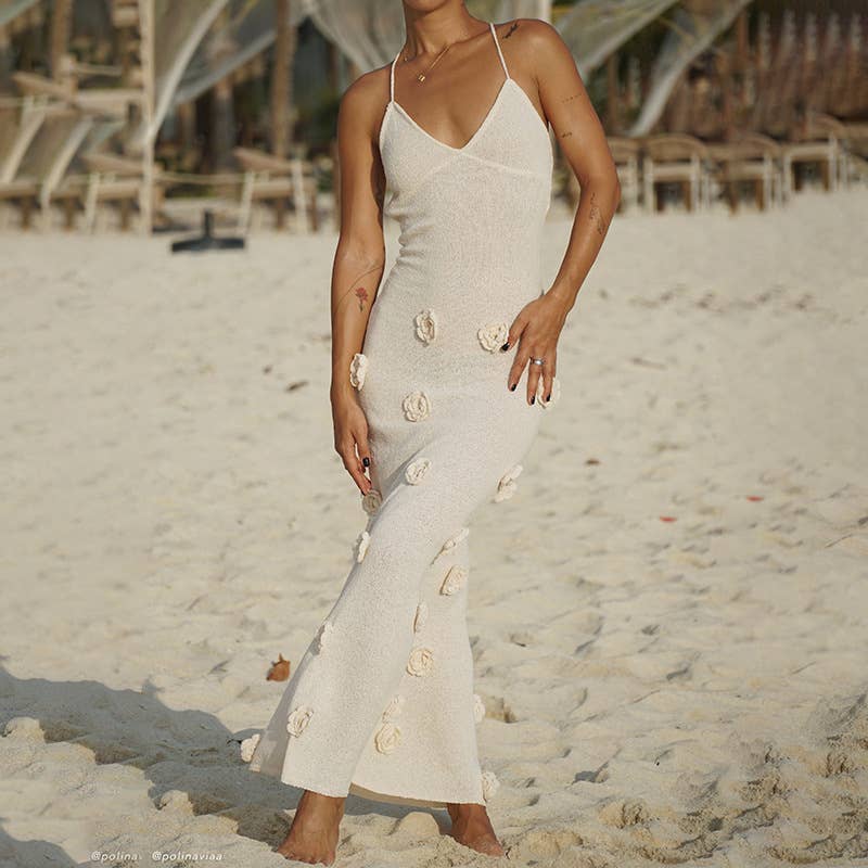 3D Floral knitted Maxi Backless beach Dress