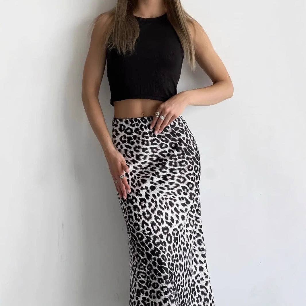 Women’s Leopard Print Satin High Waist Maxi Skirt