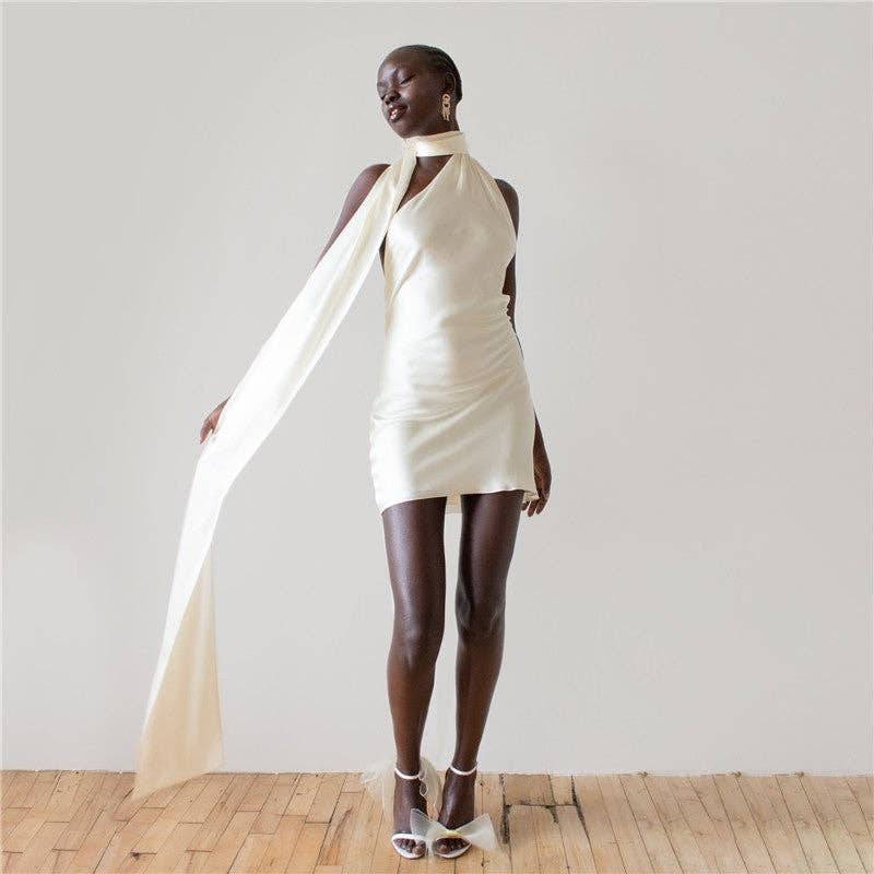 Adjustable Neckline Satin Cocktail Dress