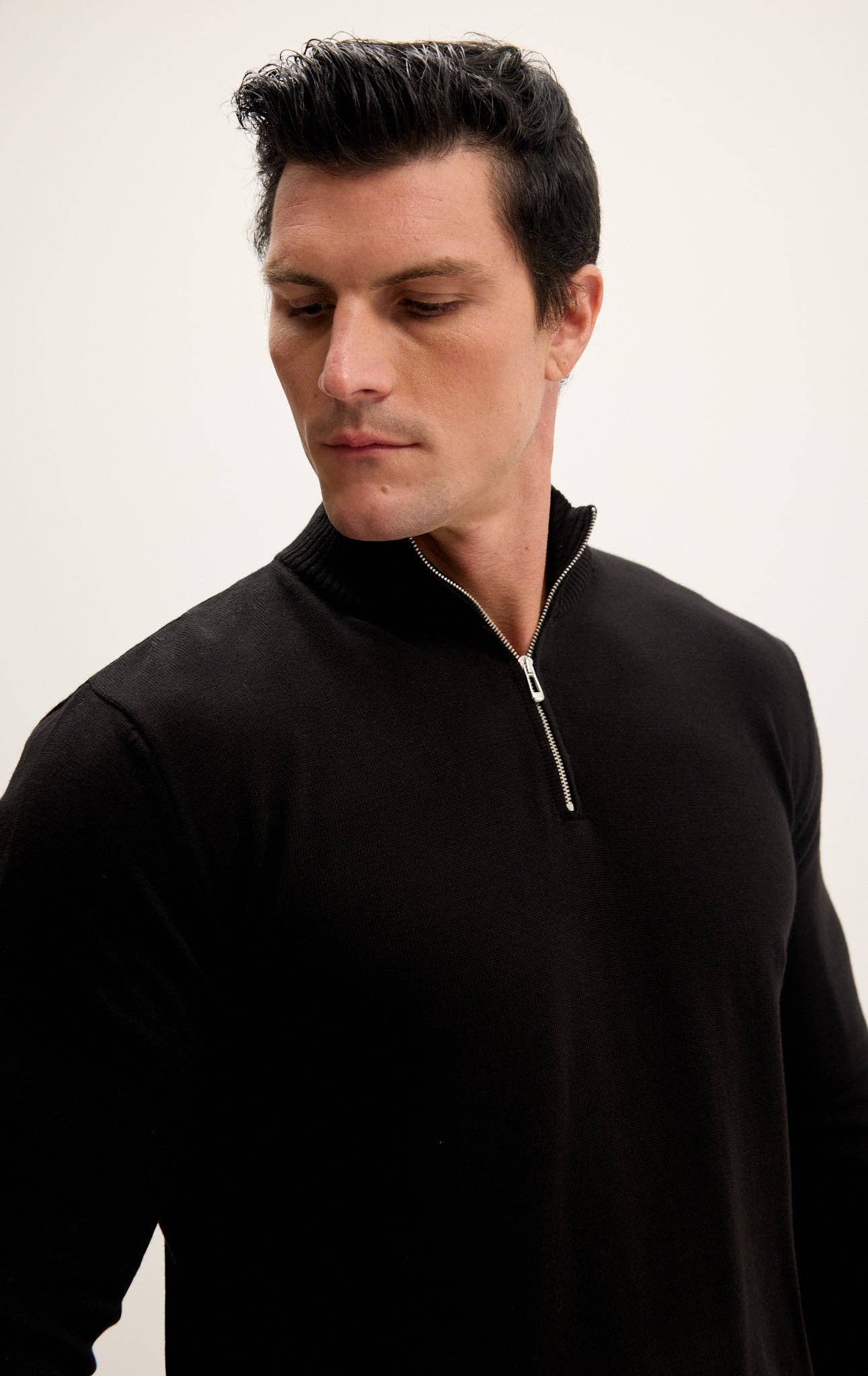 Quarter Zipper Mock Neck Ribbed Sweater - Black
