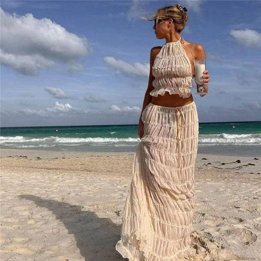 Solid Color Backless Hanging Neck Halter Dress Set