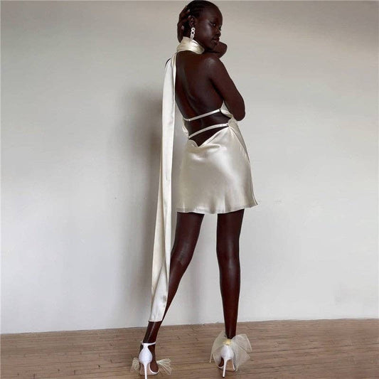 Adjustable Neckline Satin Cocktail Dress
