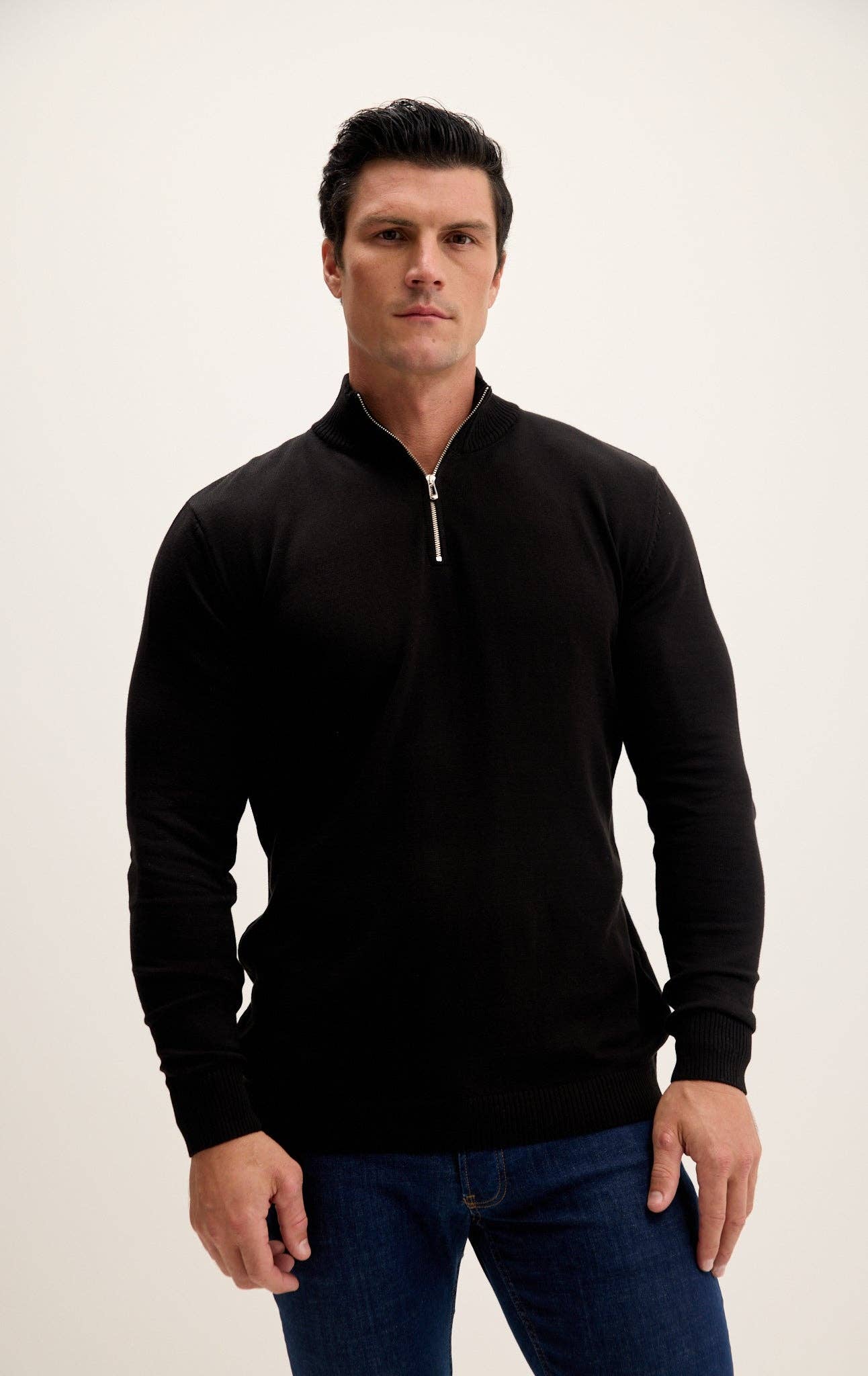 Quarter Zipper Mock Neck Ribbed Sweater - Black