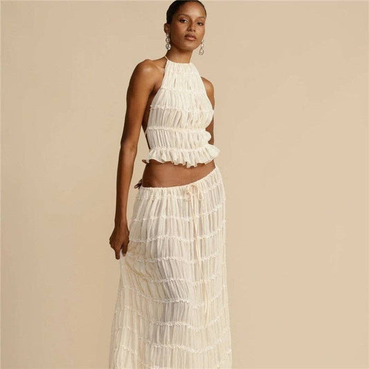 Solid Color Backless Hanging Neck Halter Dress Set