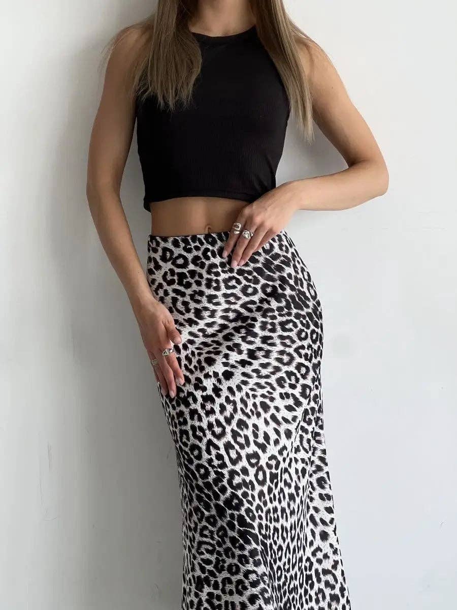 Women’s Leopard Print Satin High Waist Maxi Skirt