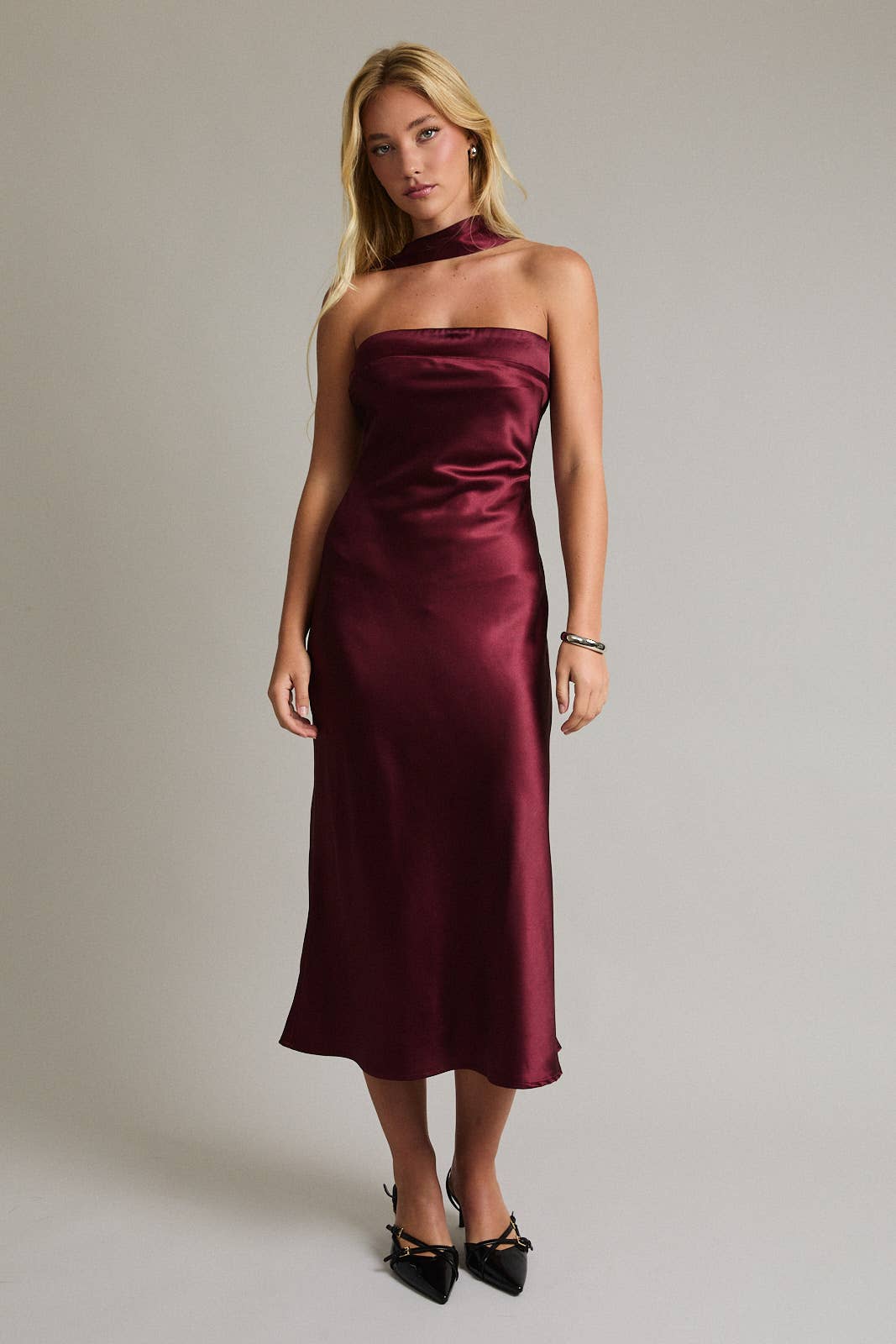 Strapless Scarf Satin Midi Dress