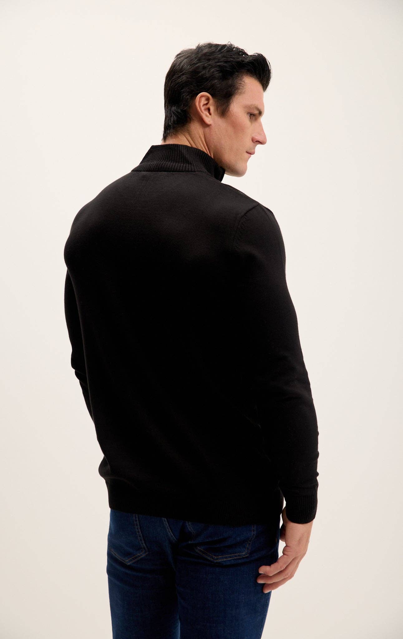 Quarter Zipper Mock Neck Ribbed Sweater - Black