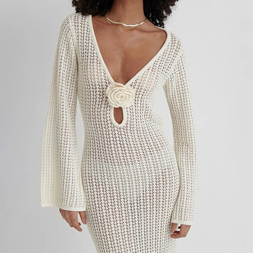 Floral Hollow Out Maxi Knit beach Dress swimsuit cover up