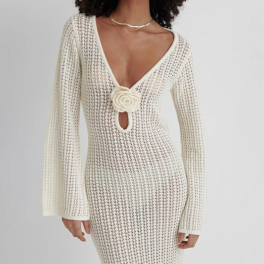 Floral Hollow Out Maxi Knit beach Dress swimsuit cover up
