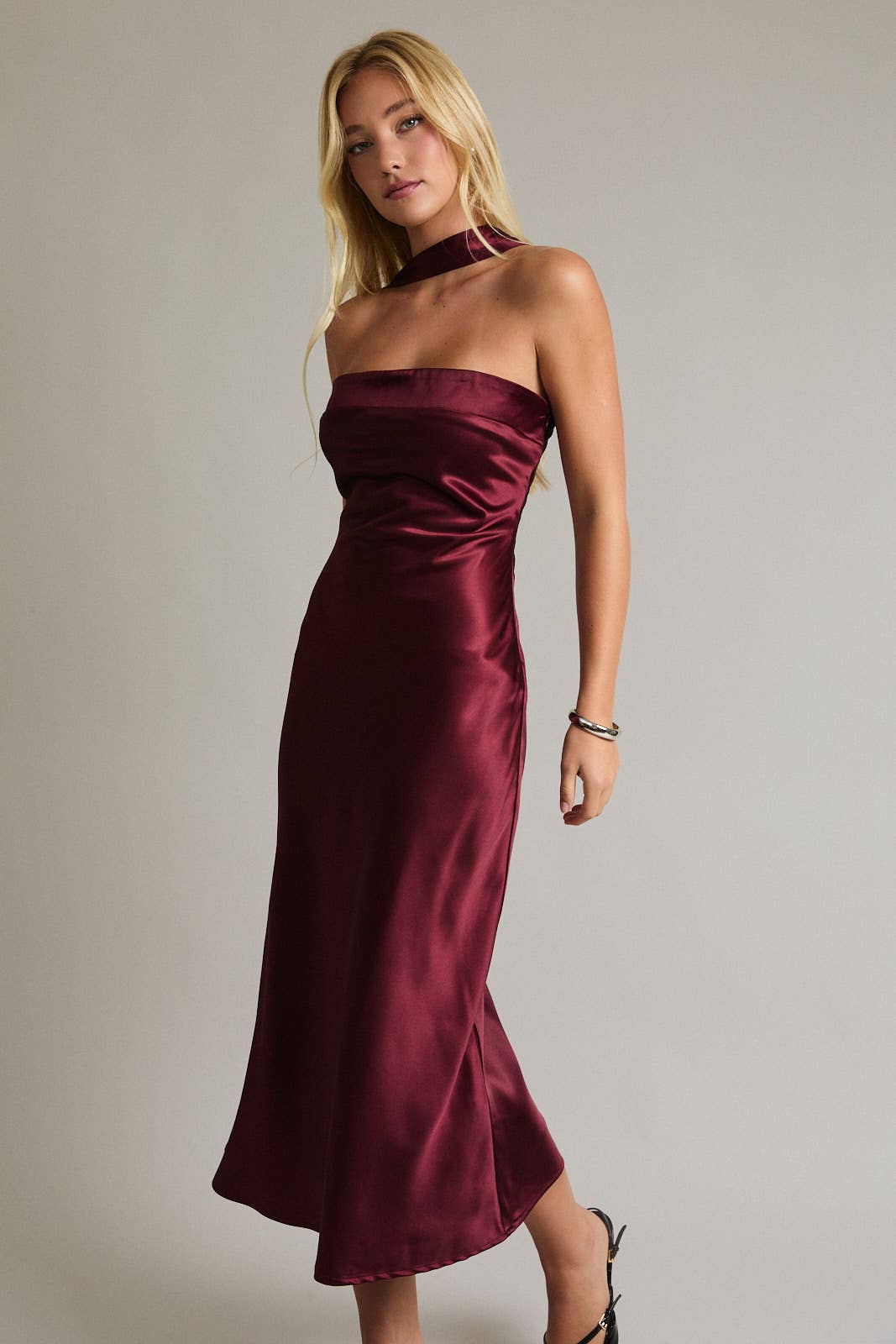 Strapless Scarf Satin Midi Dress