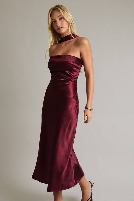 Strapless Scarf Satin Midi Dress