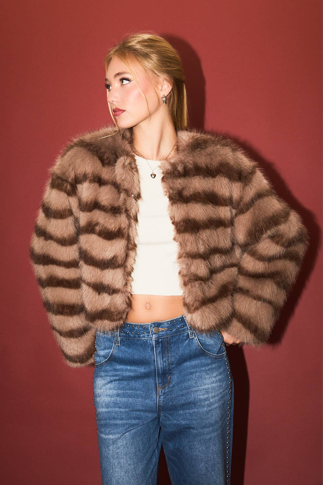 Round Neck Faux Fur Crop Coat